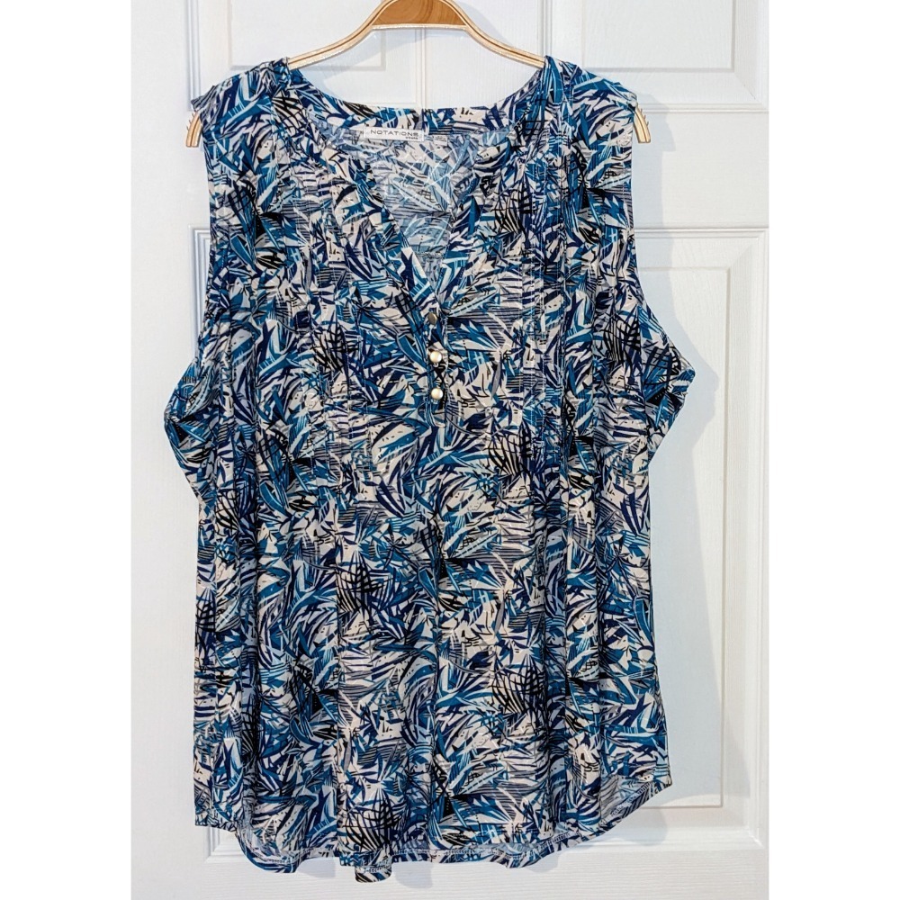 Notations Woman Sleeveless Blouse Button Detail Casual Blue‎ Print 3X NWT